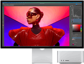 Una foto colorida está siendo editada con una Mac Studio y un Studio Display